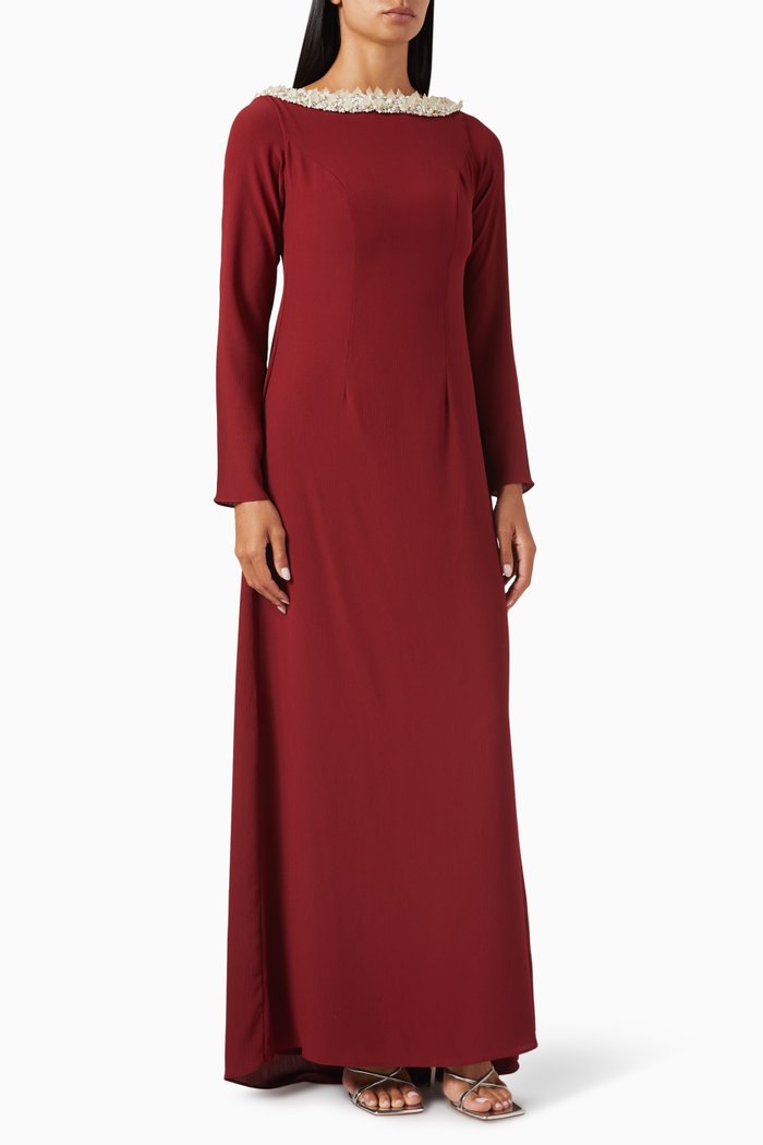 

Veronica Embellished-neck Maxi Dress in Crepe, Red