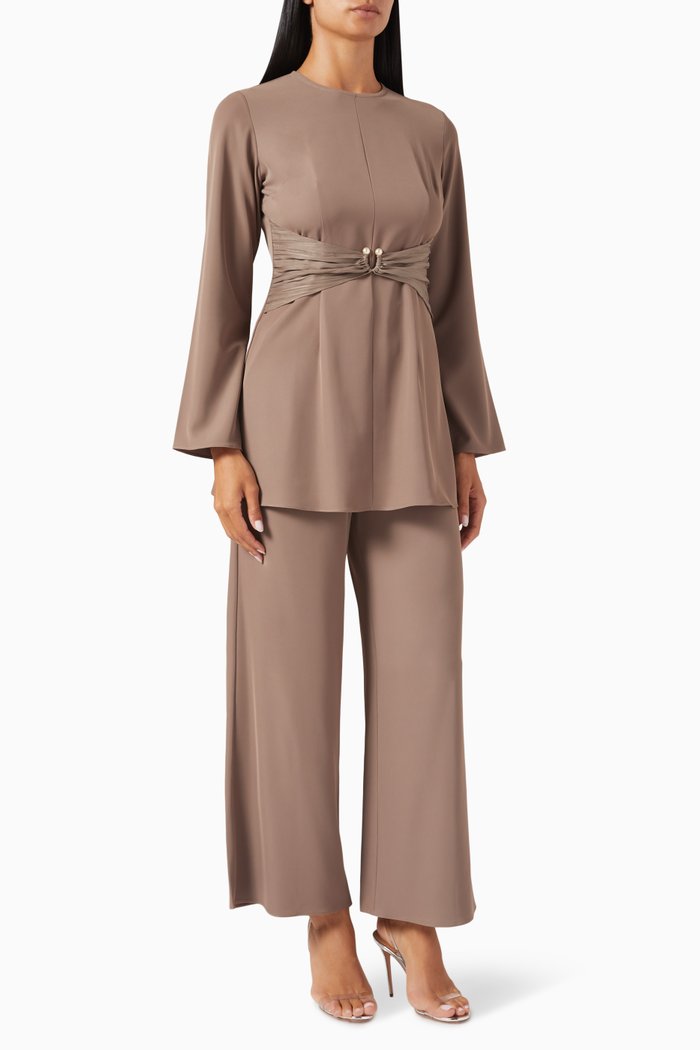 

Elora Belted Top & Pants Set in Crepe, Brown