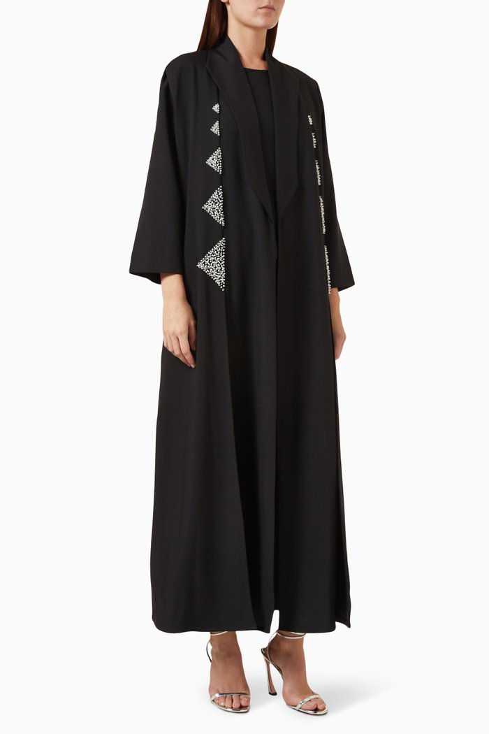 

Crystal-embellished Coat Abaya in Crepe, Black