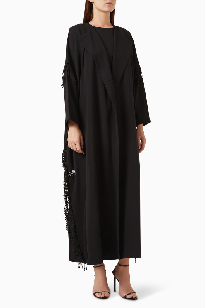 

Lace Fringe Abaya in Georgette, Black