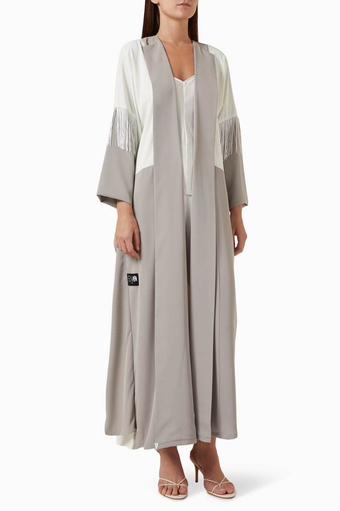 

Two-tone Fringed Abaya in Nada, Grey