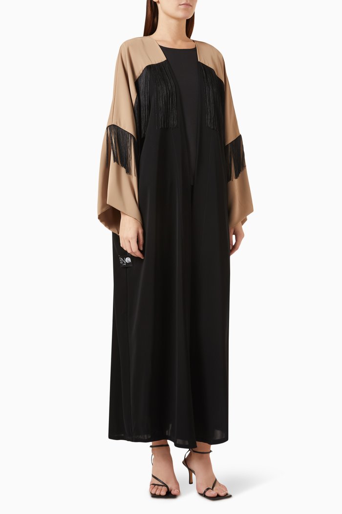 

Two-tone Fringed Abaya in Nada, Black