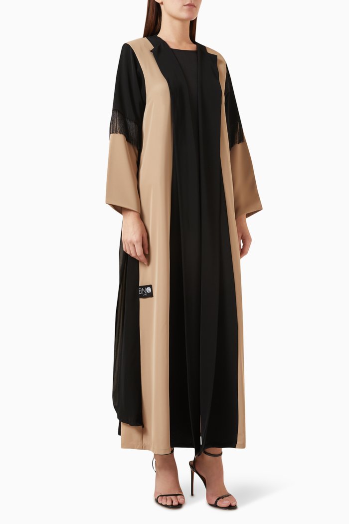 

Two-tone Fringed Abaya in Nada, Black