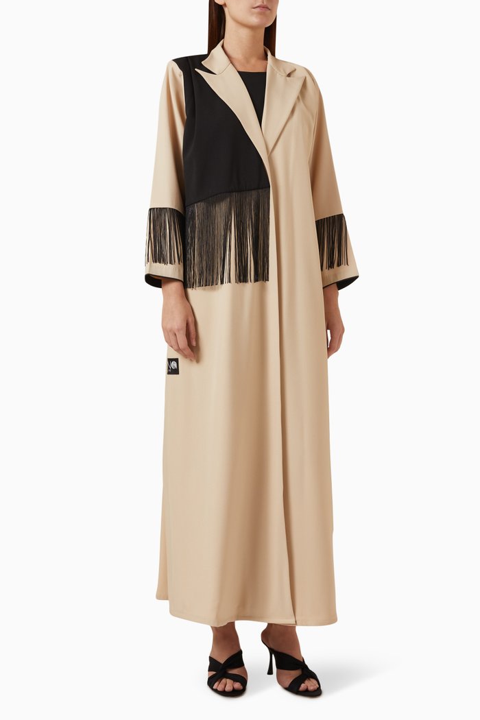 

Two-tone Fringed Abaya in Crepe, Neutral