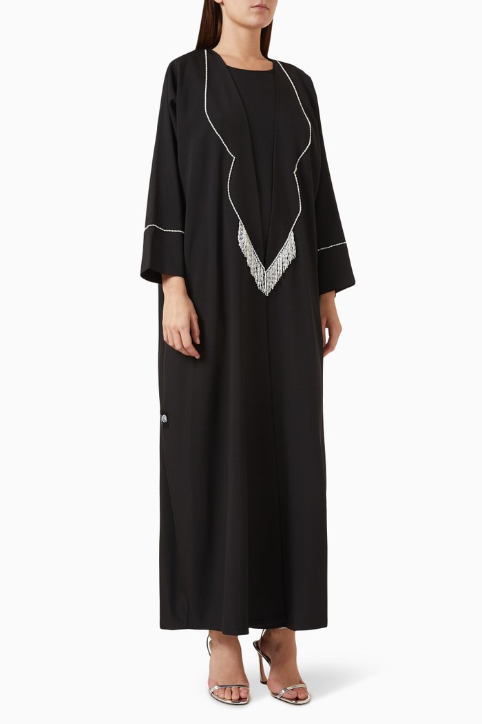 

Pearl-embellished Coat Abaya in Crepe, Black