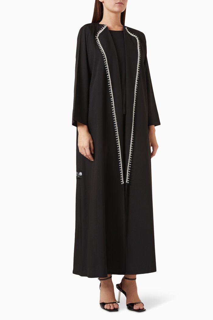 

Crystal-embellished Coat Abaya in Crepe, Black