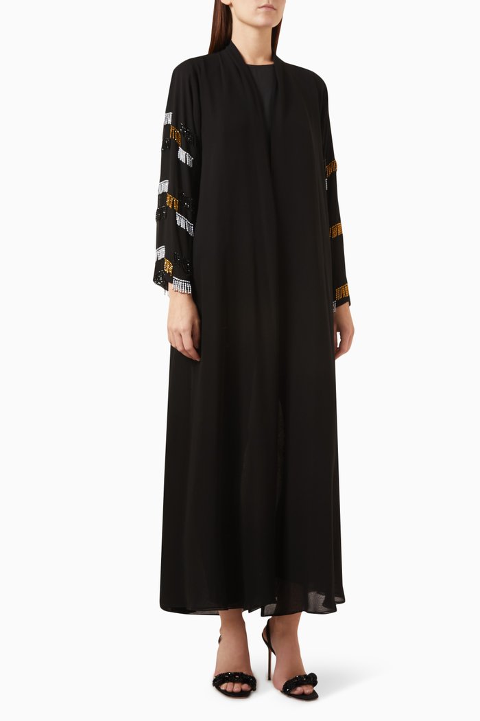 

Beaded Fringe Abaya in Chiffon, Black
