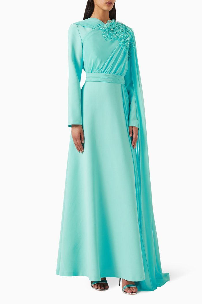 

Fleur Embellished Maxi Dress in Crepe, Blue