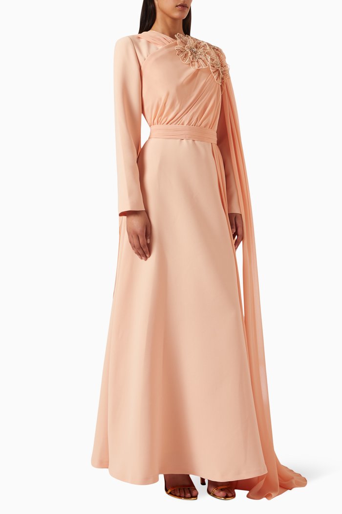 Fleur Embellished Maxi Dress in Crepe, Orange
