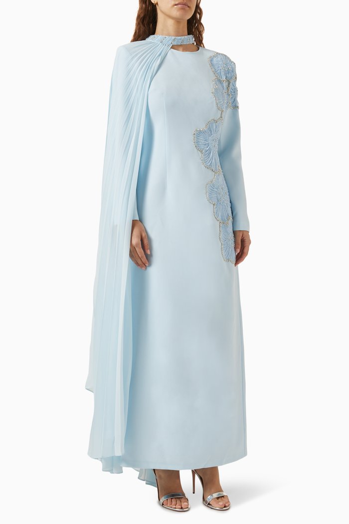 

Rosalin Embellished Cape Maxi Dress in Crepe, Blue