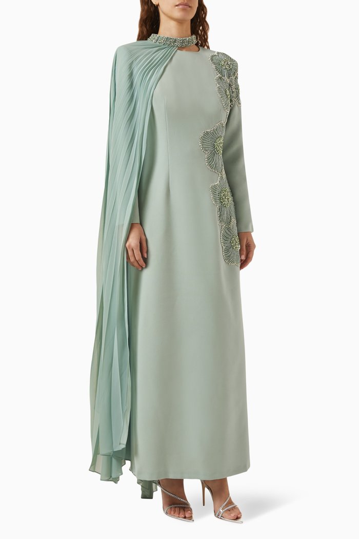 

Rosalin Embellished Cape Maxi Dress in Crepe, Green