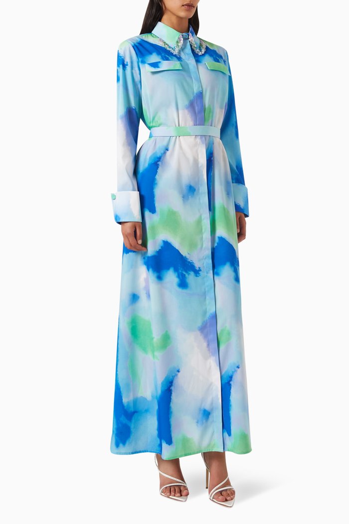 

Seul Belted Maxi Dress in Crepe, Blue