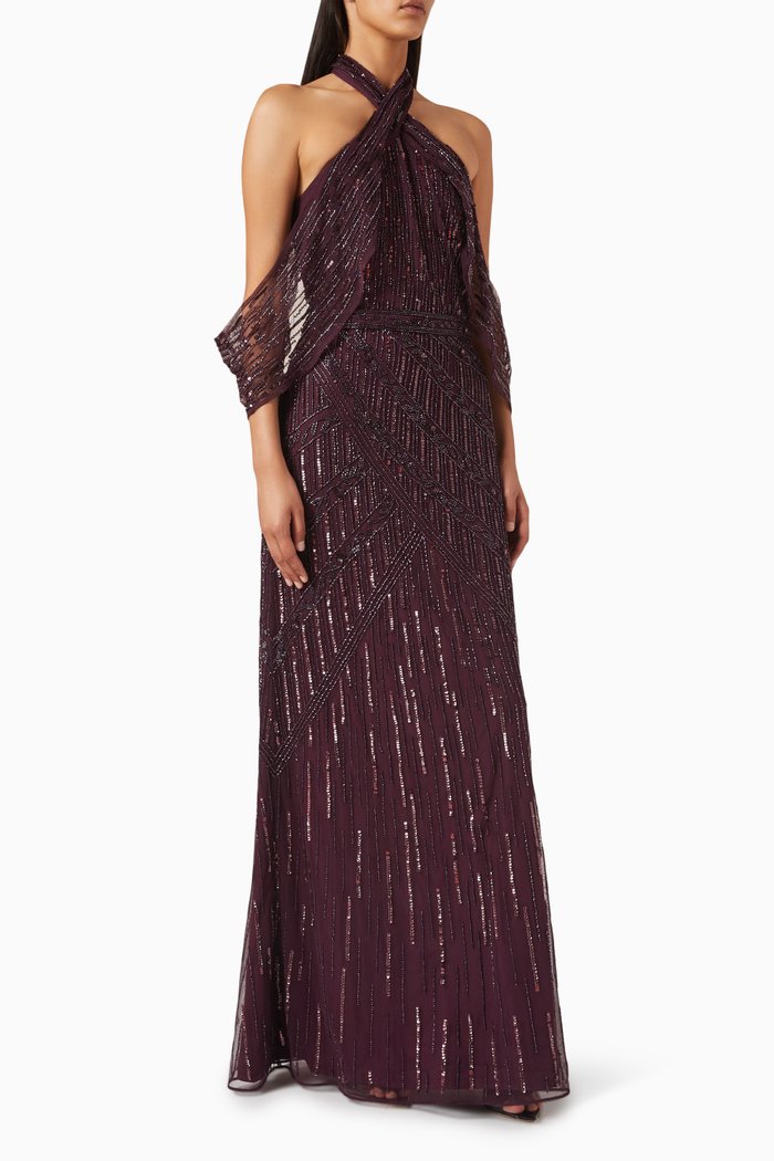 

Halter-neck Beaded Gown in Tulle, Red