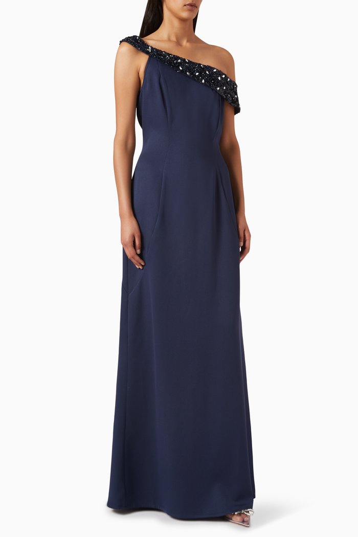 

Beaded-trim One-shoulder Gown, Blue