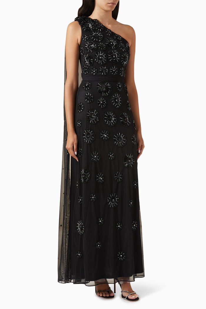 

Floral-embellished One-shoulder Gown in Tulle, Black
