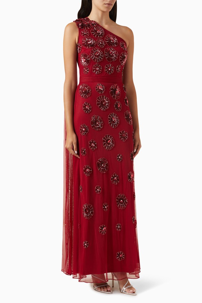 

Floral-embellished One-shoulder Gown in Tulle, Red