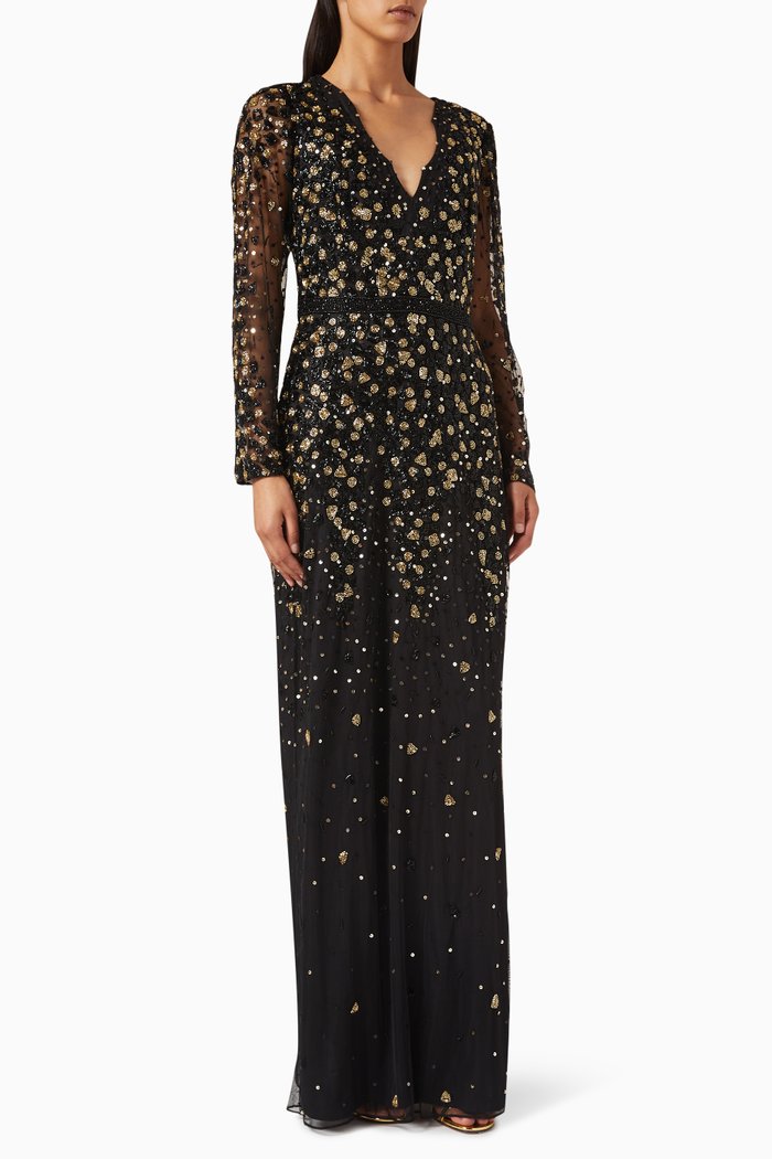 

V-neck Beaded Gown in Tulle, Black