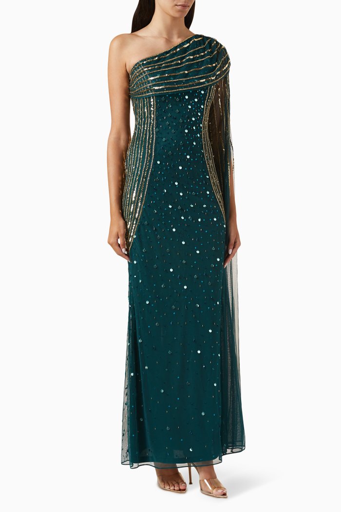 

Embellished One-shoulder Gown in Tulle, Green