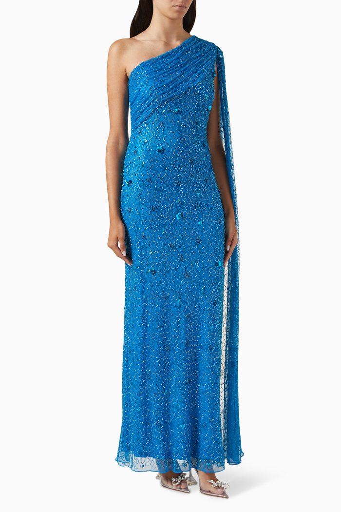 

Tonal Embellished One-shoulder Gown in Tulle, Blue