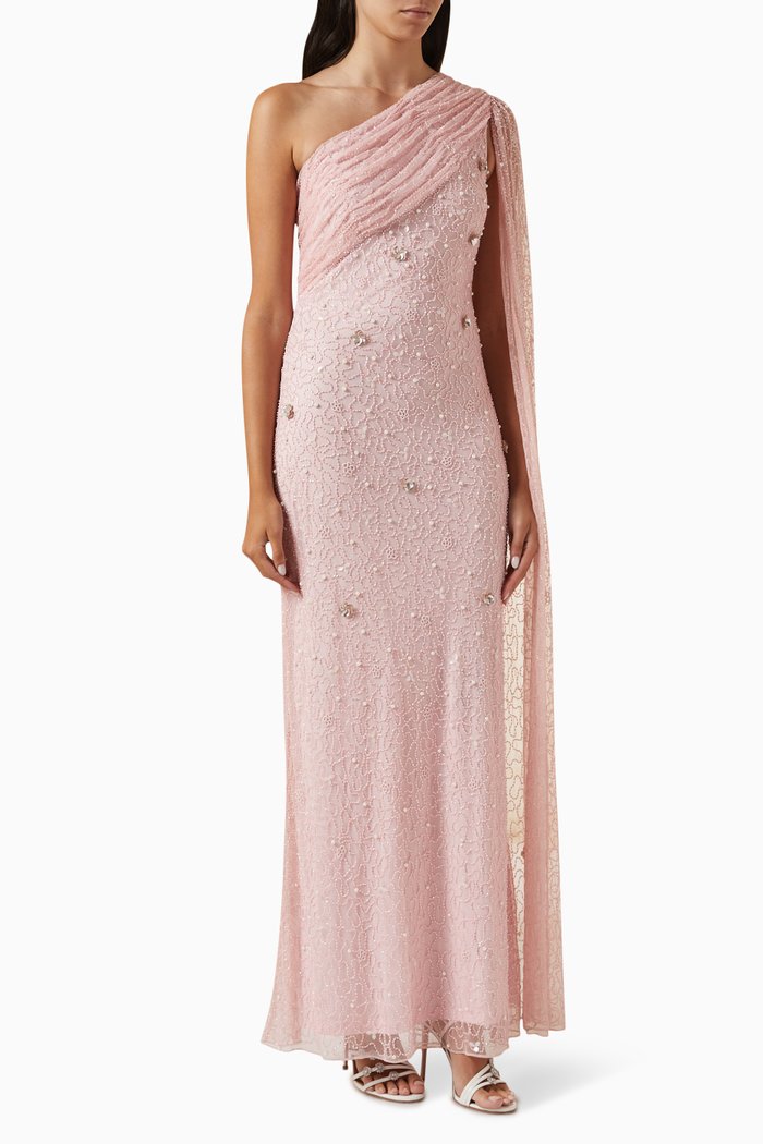 

Tonal Embellished One-shoulder Gown in Tulle, Pink