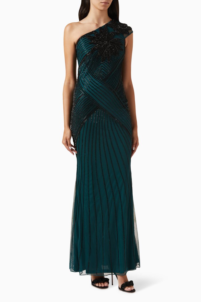 

Embellished Stripe One-shoulder Gown in Tulle, Green