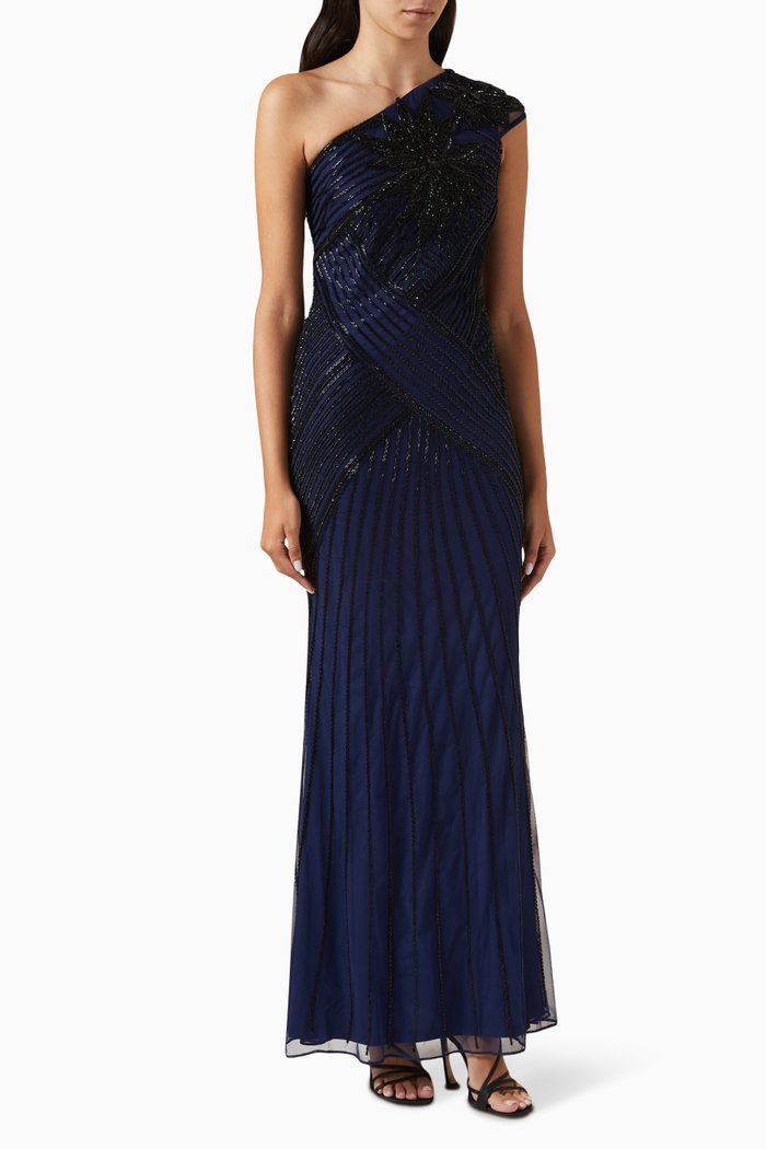 

Embellished Stripe One-shoulder Gown in Tulle, Blue