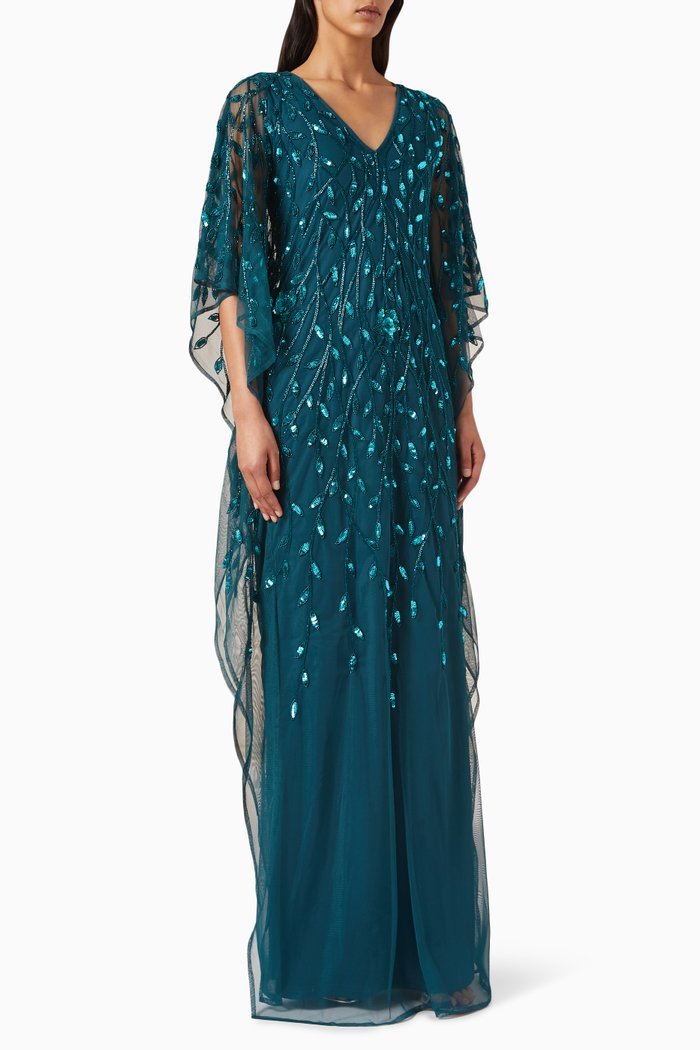 

Beaded Kaftan-style Gown in Tulle, Green