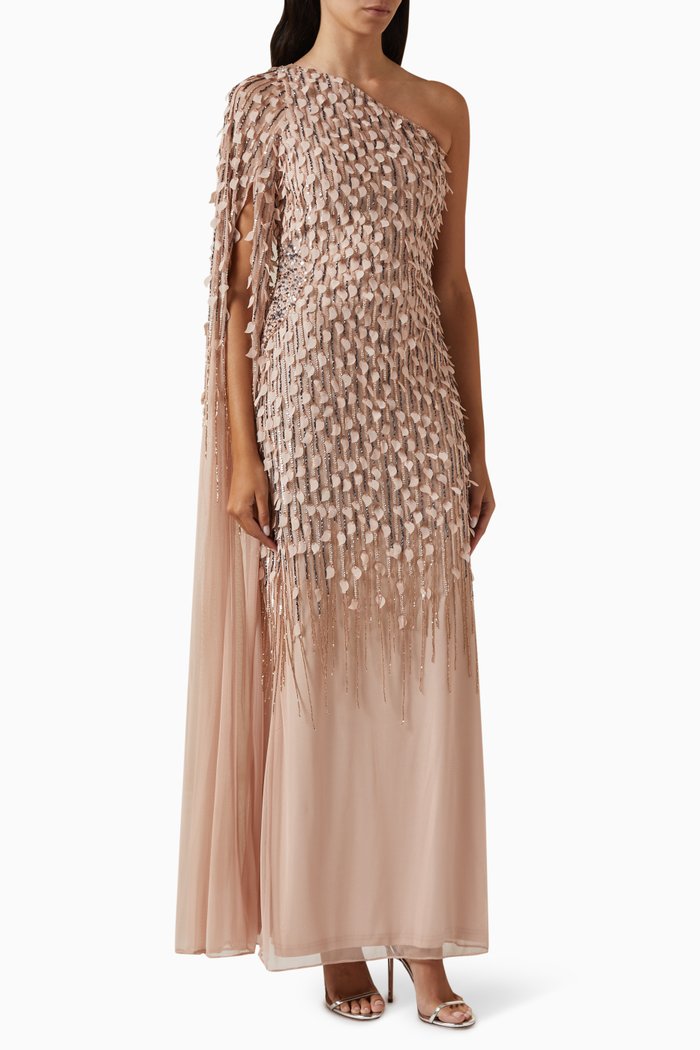 

Embellished Draped One-shoulder Gown in Tulle, Pink