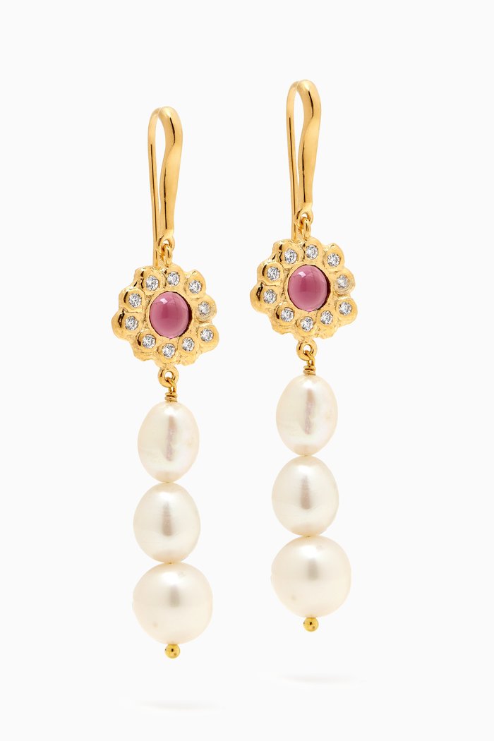 Dangling Pearl and Cabochon Stone Earrings in 18kt Gold-plated Brass, White