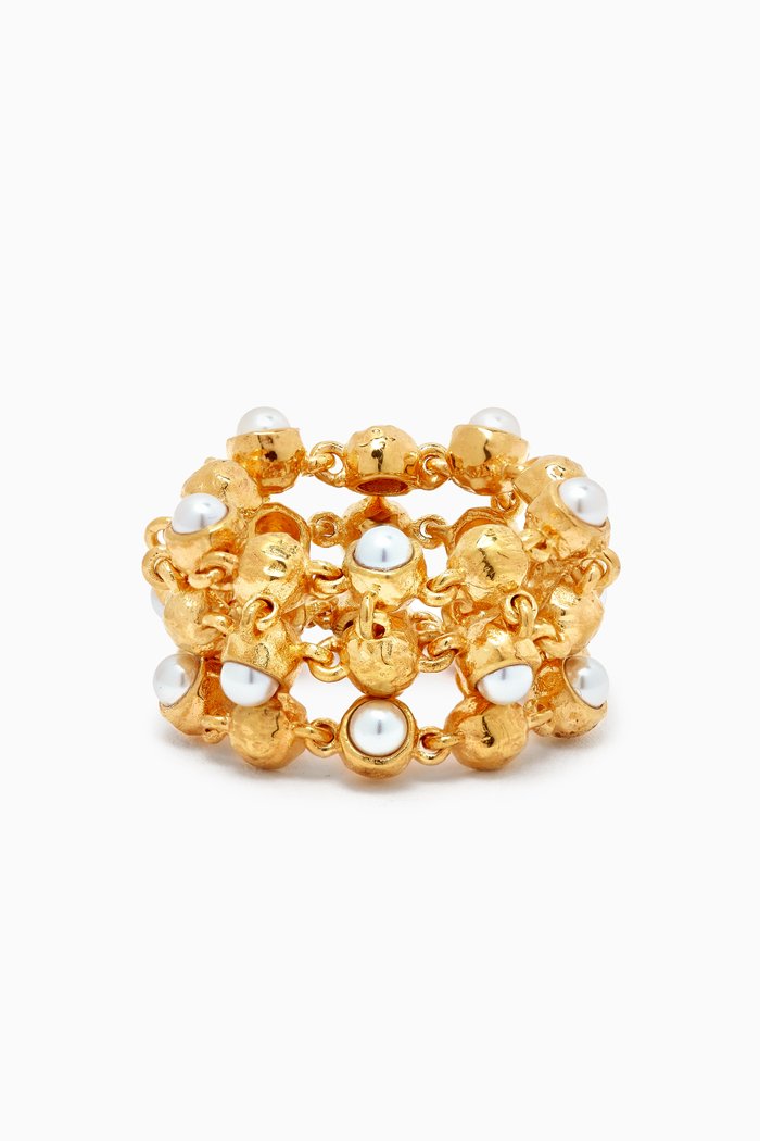 

Mesh Orbs Ring with Pearls in 18kt Gold-plated Brass, White