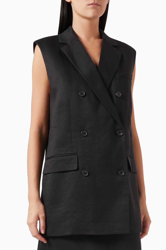 

Double Breasted Vest in Linen, Black