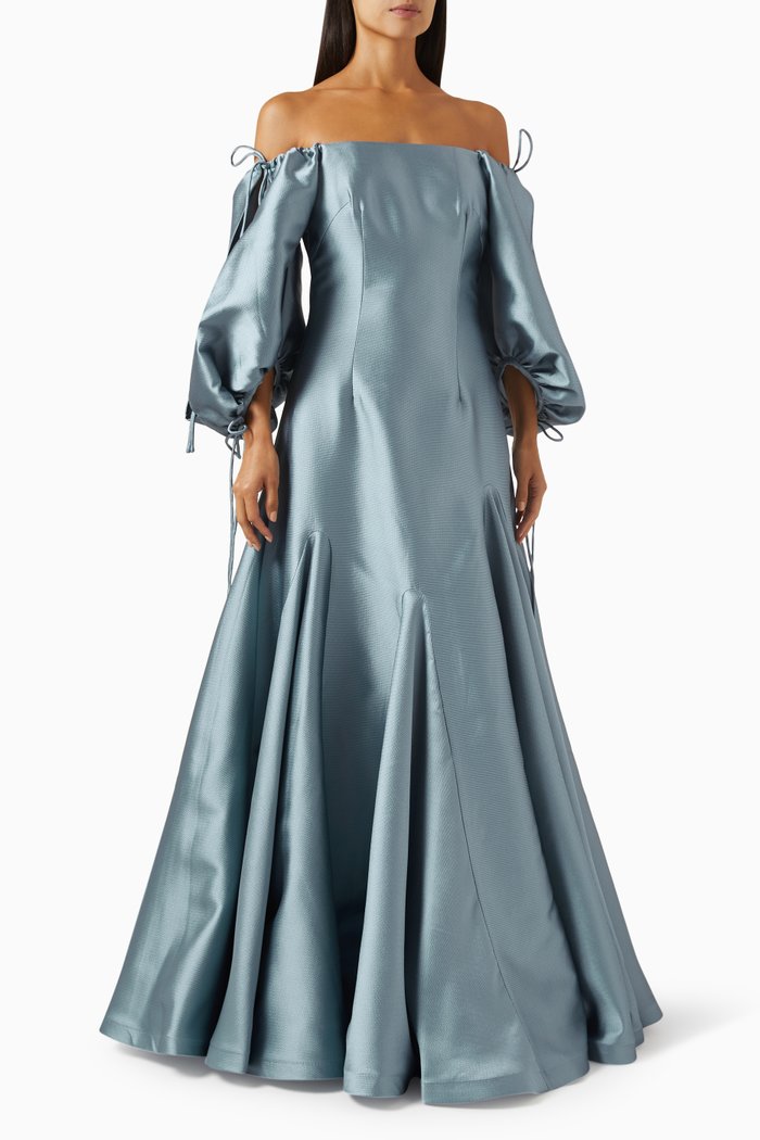 

Off-shoulder A-line Gown in Crepe, Blue
