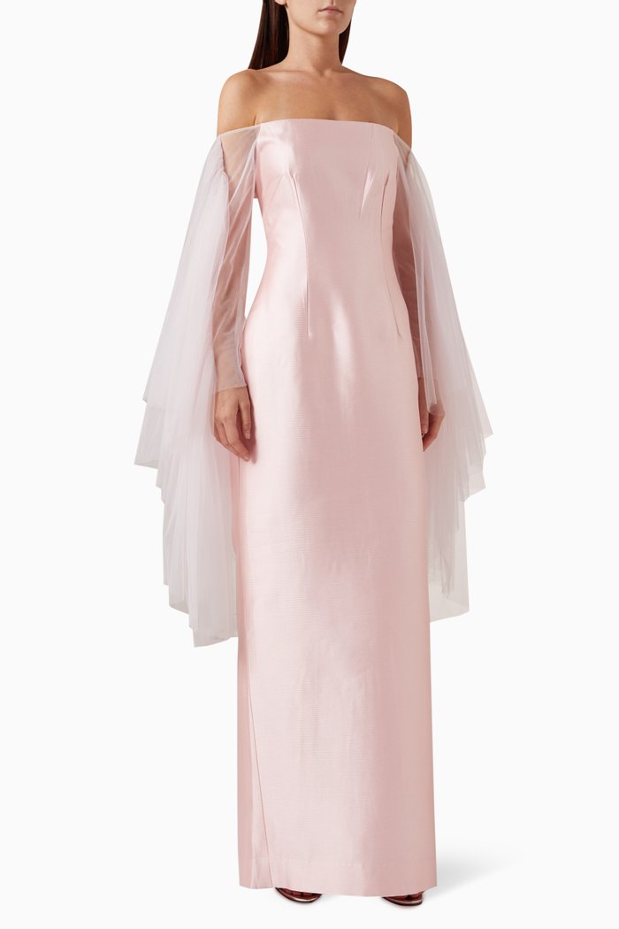 

Off-shoulder Tulle-sleeves Gown in Satin, Pink