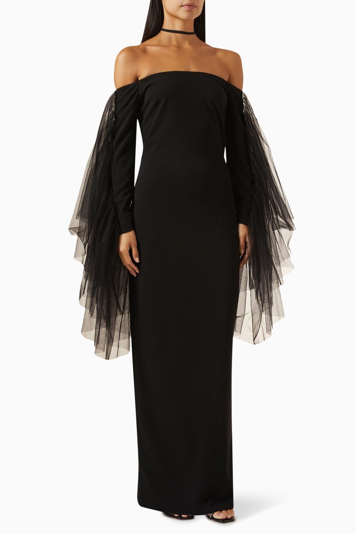 

Off-shoulder Tulle-sleeve Gown in Stretch Crepe, Black
