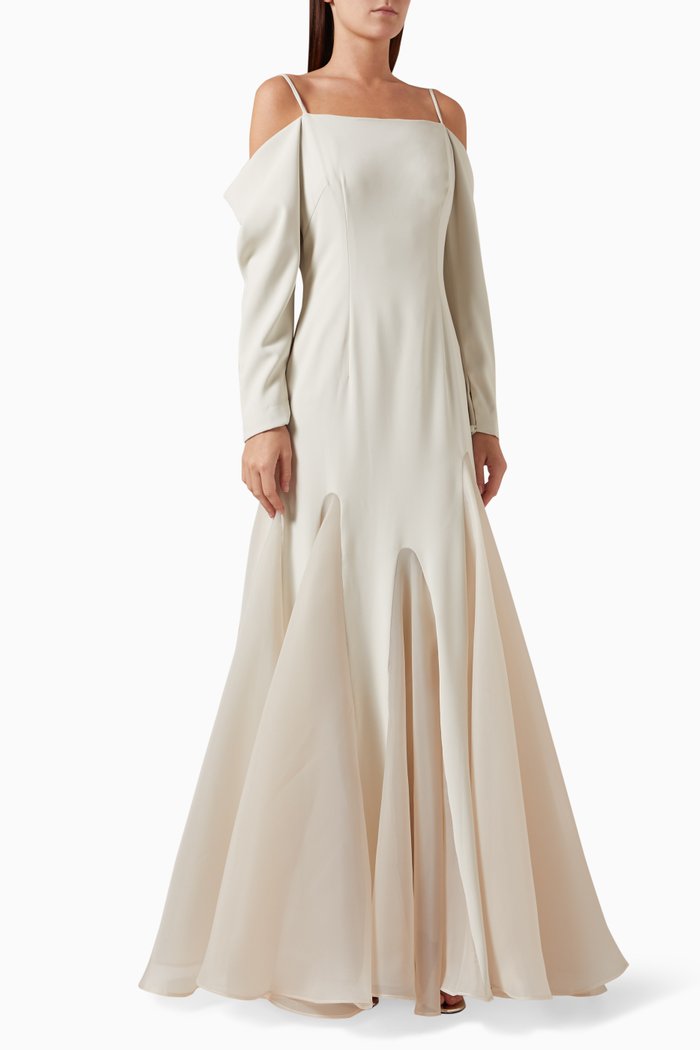 

Cold-shoulder Gown in Crepe & Organza, Neutral