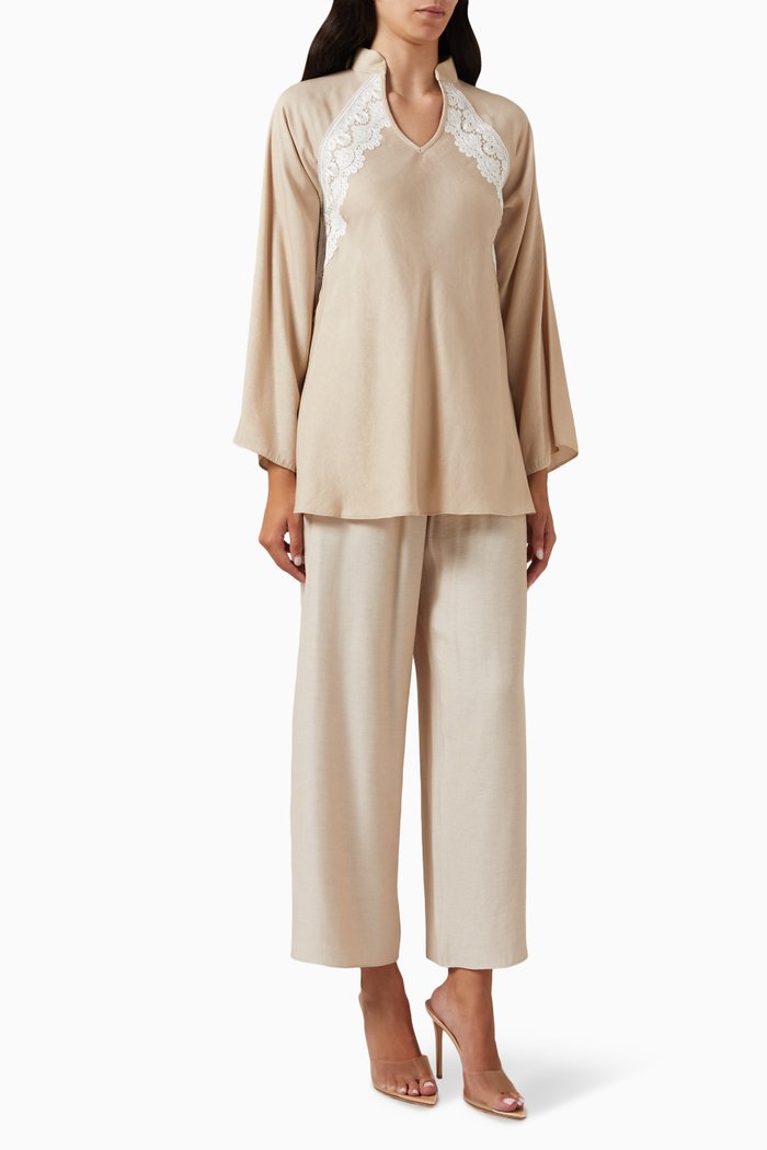 

Lace-trim Top & Pants Set, Neutral