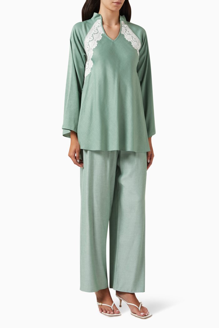 

Lace-trim Top & Pants Set, Green