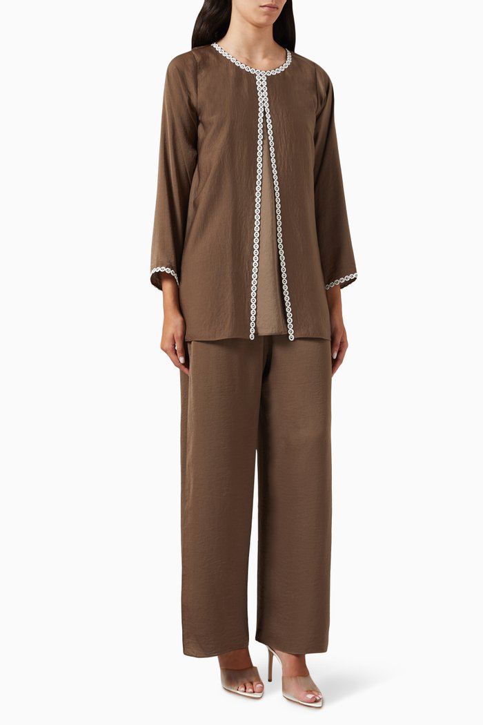 

Embellished-trim Top & Pants Set, Brown
