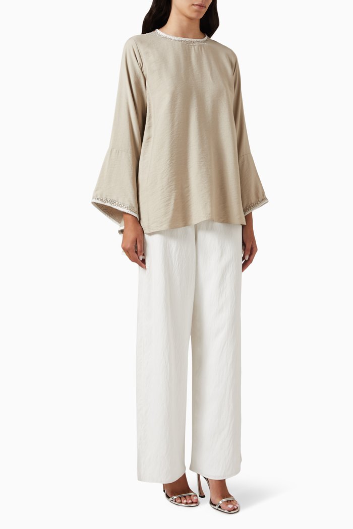 

Beaded-trim Top & Pants Set, Neutral