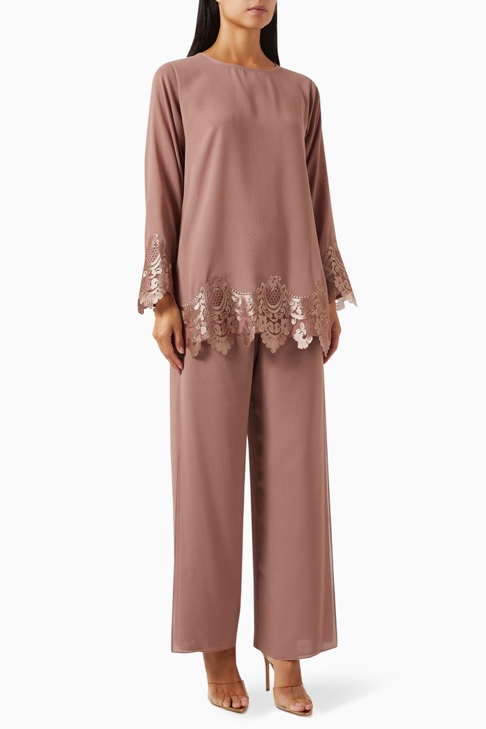 

Lace-trim Top & Pants Set, Brown
