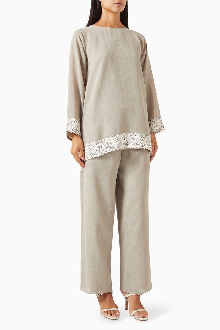 

Lace-trim Top & Pants Set, Neutral