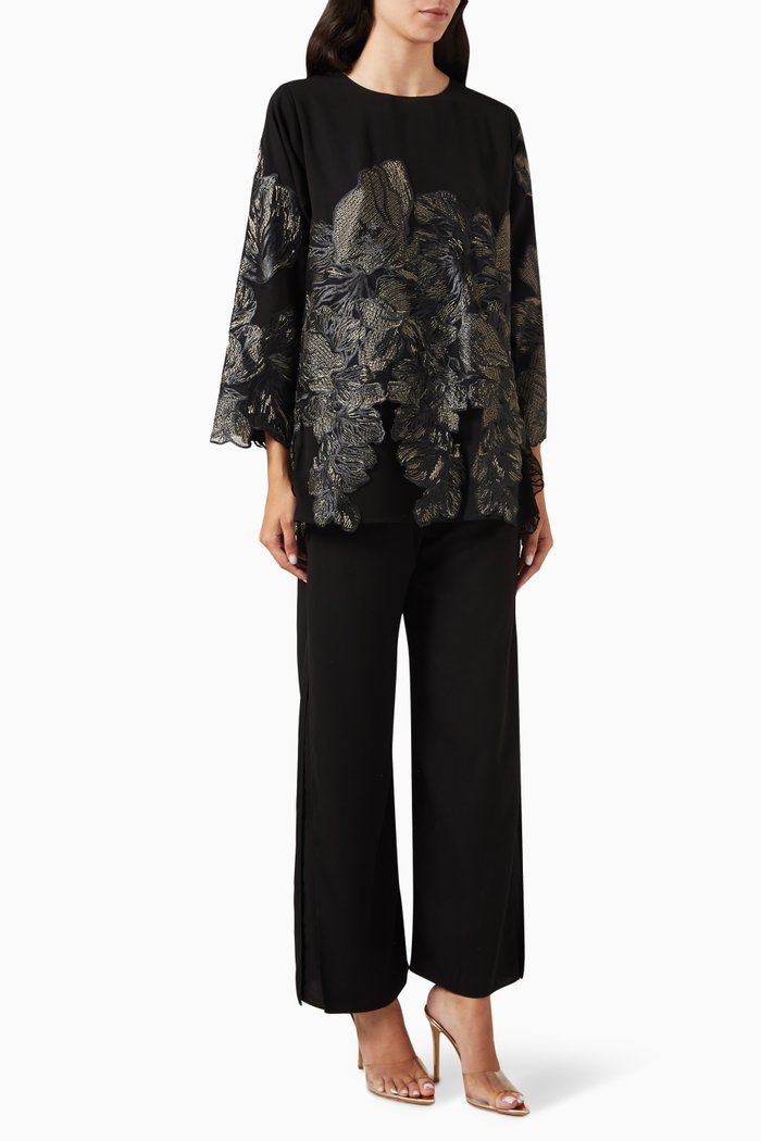 

Floral-embellished Top & Pants Set, Black