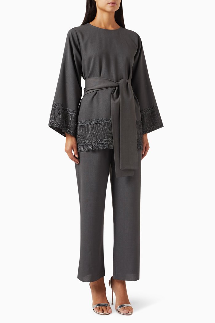 

Embellished Belted Top & Pants Set, Grey