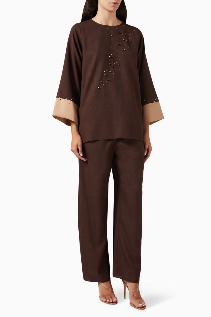 

Beaded Top & Pants Set, Brown