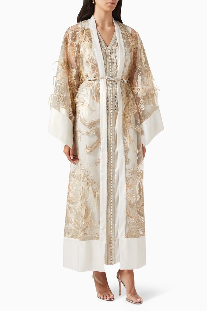 Floral Feather Moroccan Kaftan Set, Gold