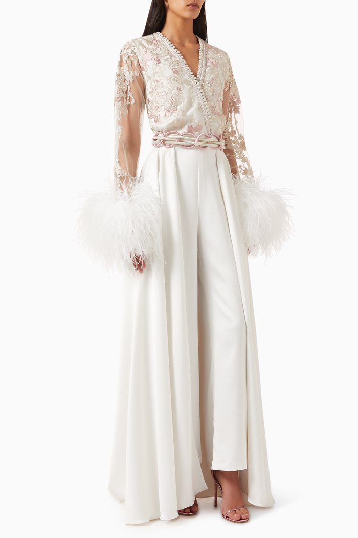 

Feather-embellished Jumpsuit & Cape Set, Neutral