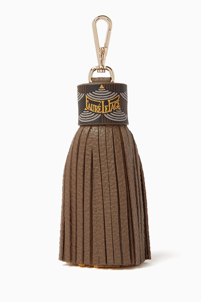 

Pompom Key Ring in Coated-canvas & Leather, Brown