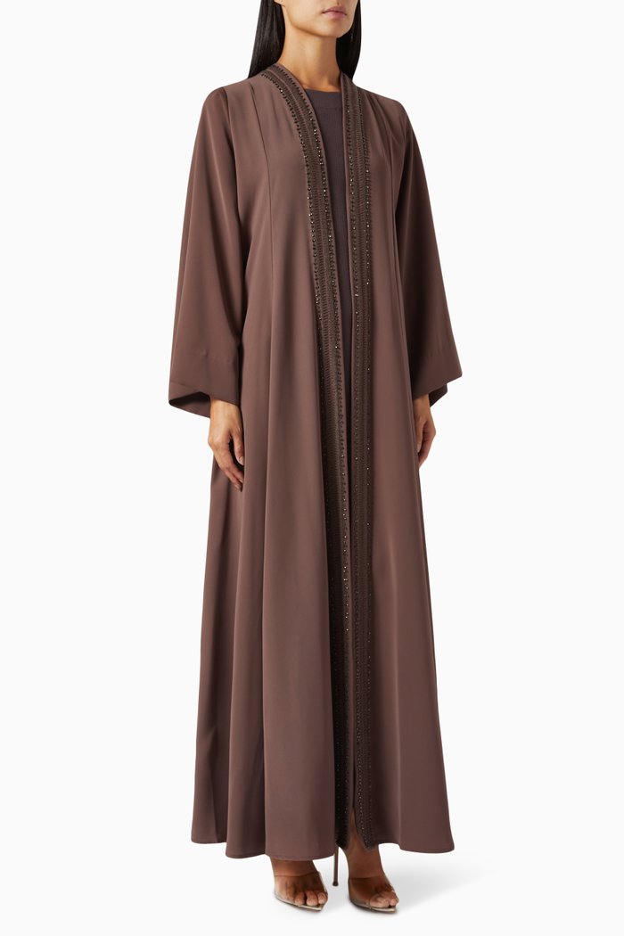 

Embellished-trim Abaya Set in Crepe, Brown