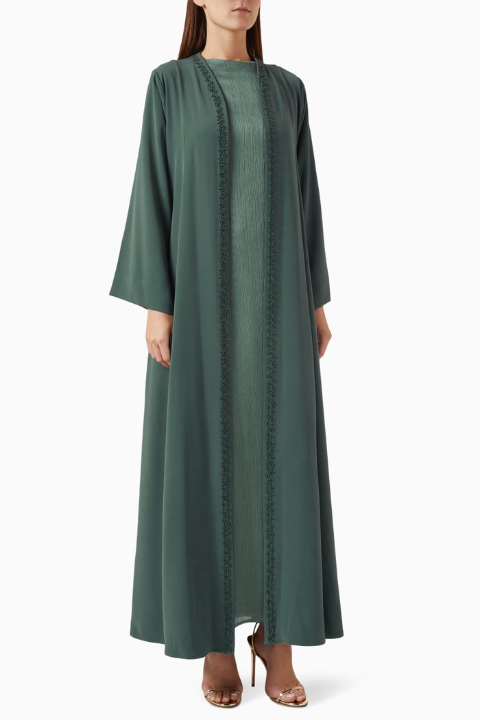 

Embroidered Abaya Set in Crepe & Silk, Green