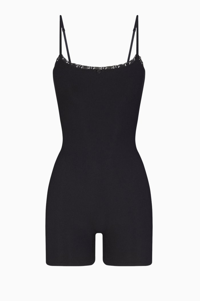 

Soft Lounge Lace Short Bodysuit in Rib-knit, Black